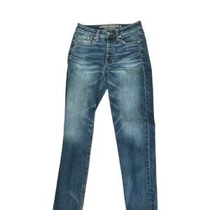 American Eagle Women Jeans 2 Blue Skinny Leg Button Fly Whiskering Casual Denim‎